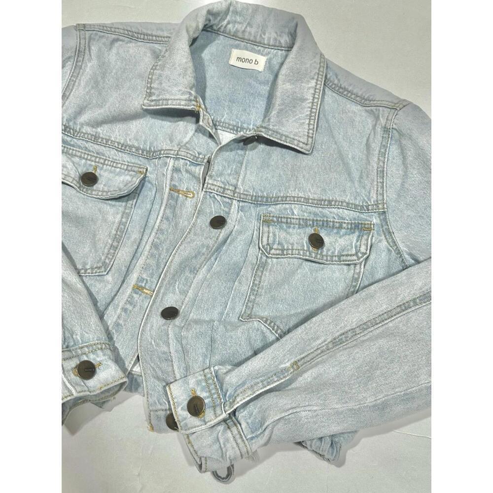 Mono B Women's Light-wash Denim Cropped Jean Jacket Pockets Drawstring Hem Small - Picture 8 of 14